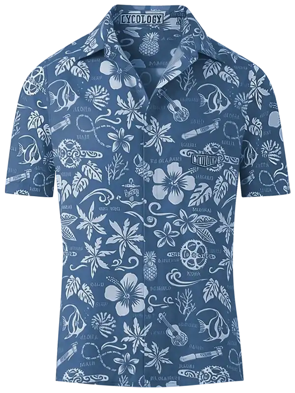 Blue tropical print shirt with hibiscus, fish, and bike gear designs for cycling fashion