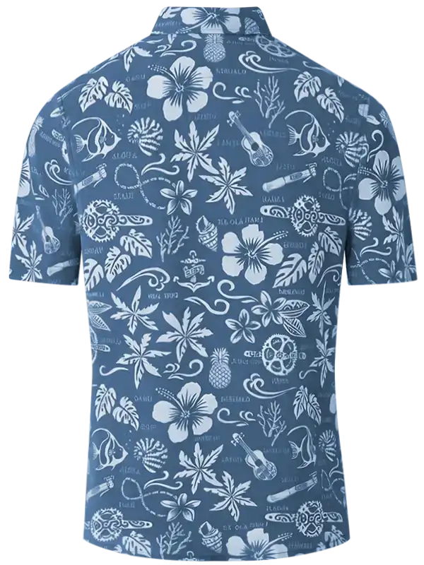 Blue tropical print cycling shirt with hibiscus, pineapples, and bike gear designs for men and women