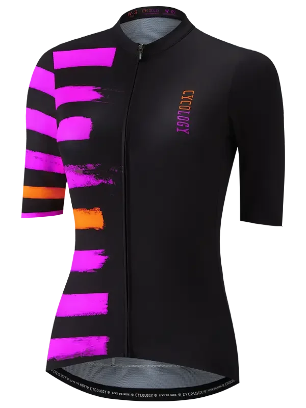 Women's black cycling jersey with vibrant pink and orange brushstroke design, full zip front, and mesh back panel.