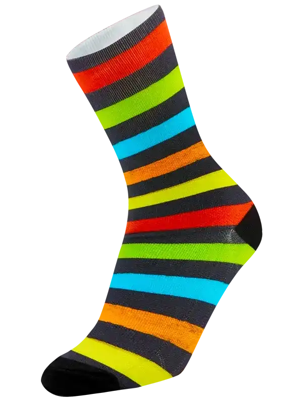 Colorful striped cycling socks with neon green, blue, orange, and black bands for men and women