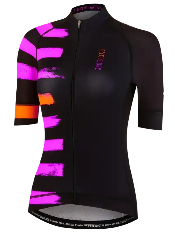 Black cycling jersey with vibrant pink and orange stripes, ideal for women's cycling apparel