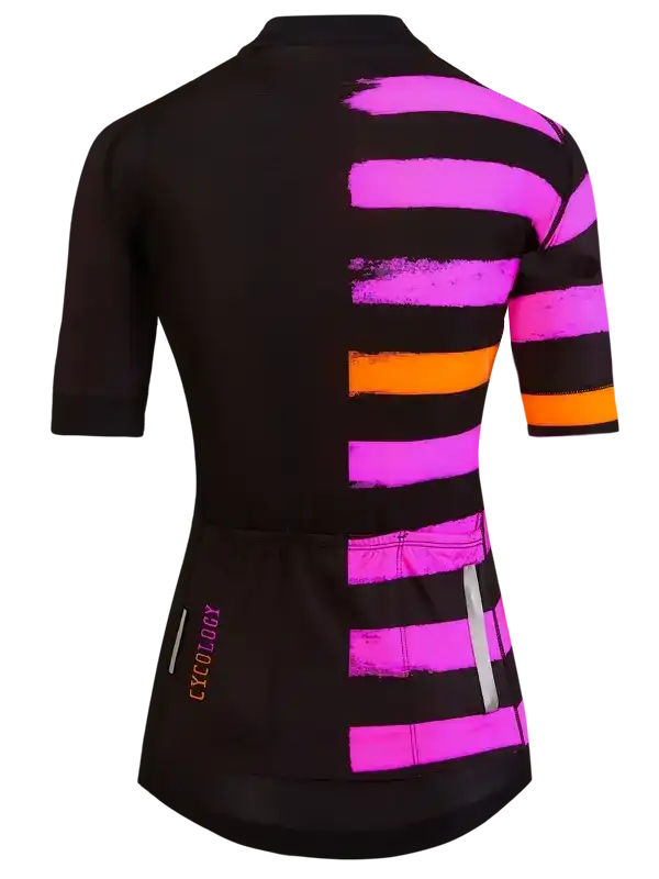 Black cycling jersey with vibrant pink and orange stripes, reflective details, and rear pockets
