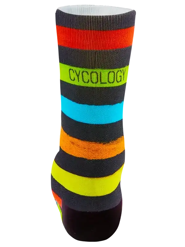 Colorful striped cycling sock with 'CYCOLOGY' text, ideal for men's and women's bike rides
