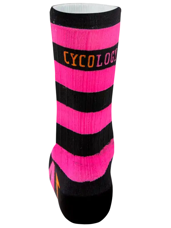 Pink and black striped cycling sock with 'CYCOLOGY' text, designed for men's and women's bike rides.