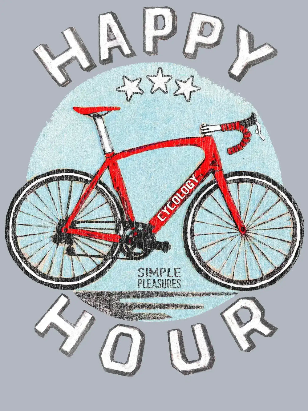 Happy Hour cycling graphic with red bike and 'Simple Pleasures' text