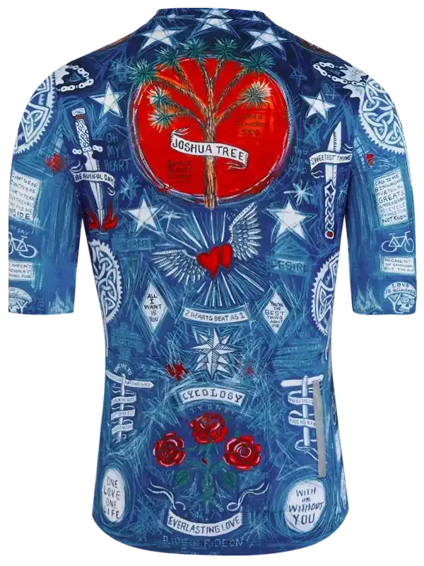 Blue cycling jersey with Joshua Tree graphic, stars, roses, and romantic quotes for men's or women's bike rides
