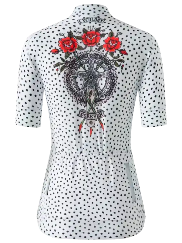 White polka dot women's cycling jersey with red rose and gear graphic, back view