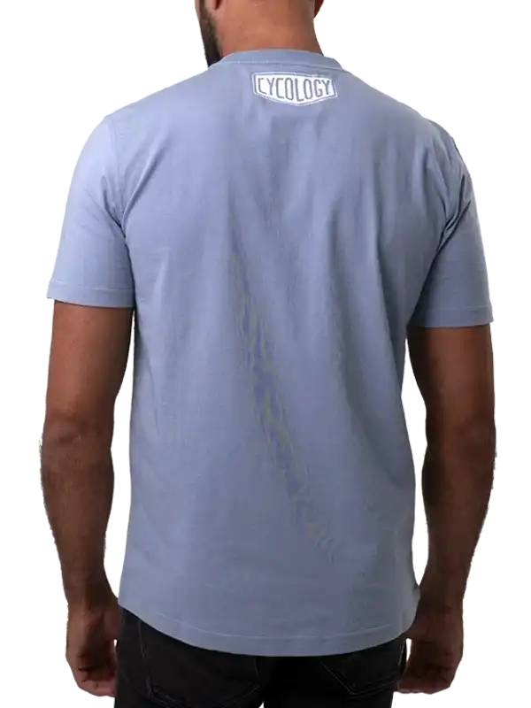 Men's light blue cycling t-shirt with 'CYCOLOGY' logo on back, casual fit for active wear