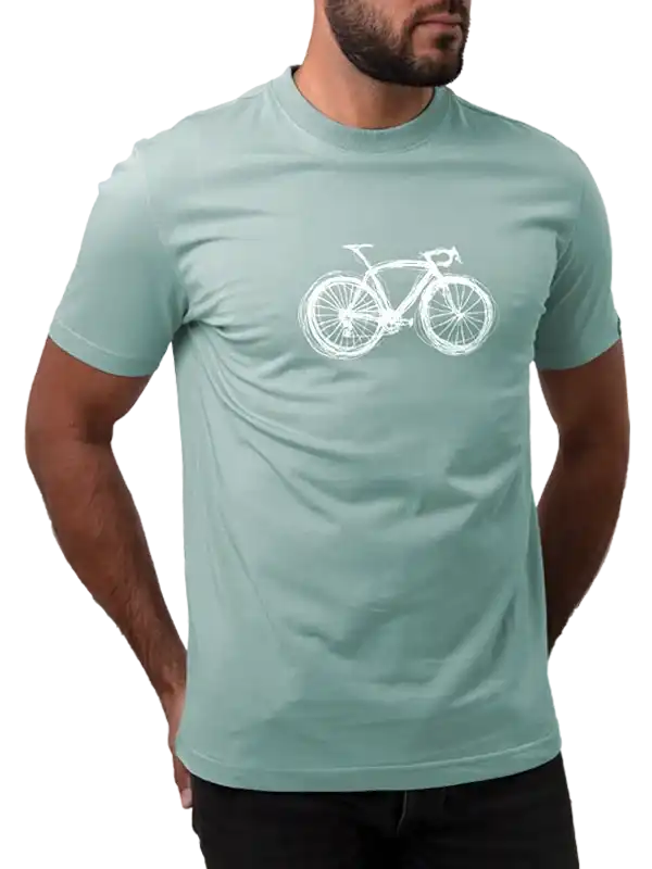 Men's mint green cycling t-shirt with white bike graphic, ideal for bike lovers and casual wear.