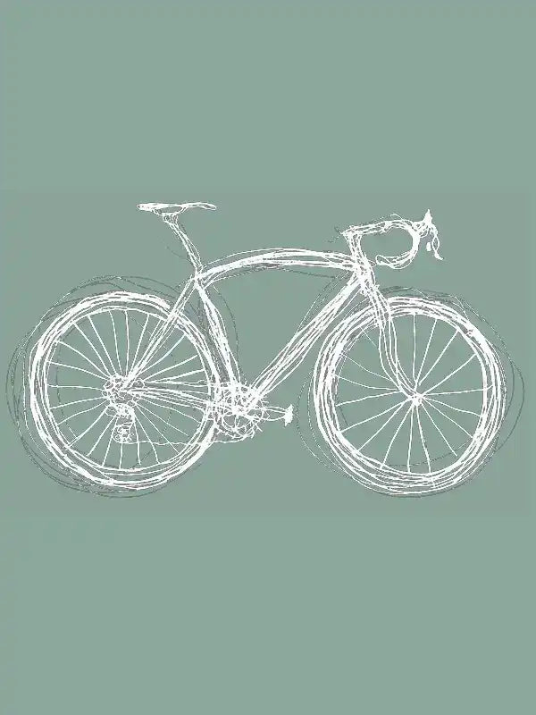 White sketch-style road bike on green background, ideal for cycling apparel design inspiration