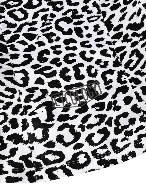 Leopard print pattern with a brand logo in the center