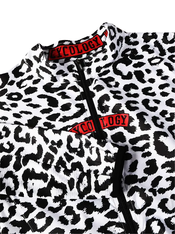 Leopard print jacket with red logo on a white background