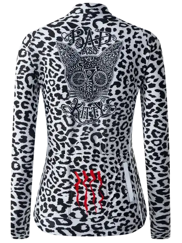 Women's cycling jersey with leopard print, cat skull graphic, and red claw marks on back