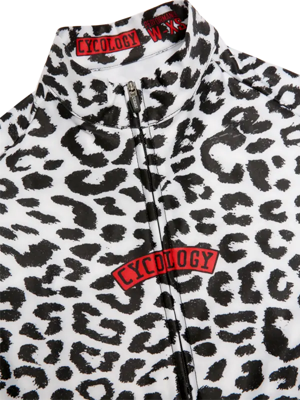 Leopard print Kitty White Women's Winter Long Sleeve Cycling Jersey 
 a red brand logo on a white background