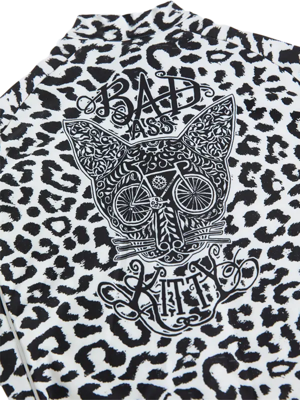 Leopard print cycling jerseys  with a graphic design and text on a white background