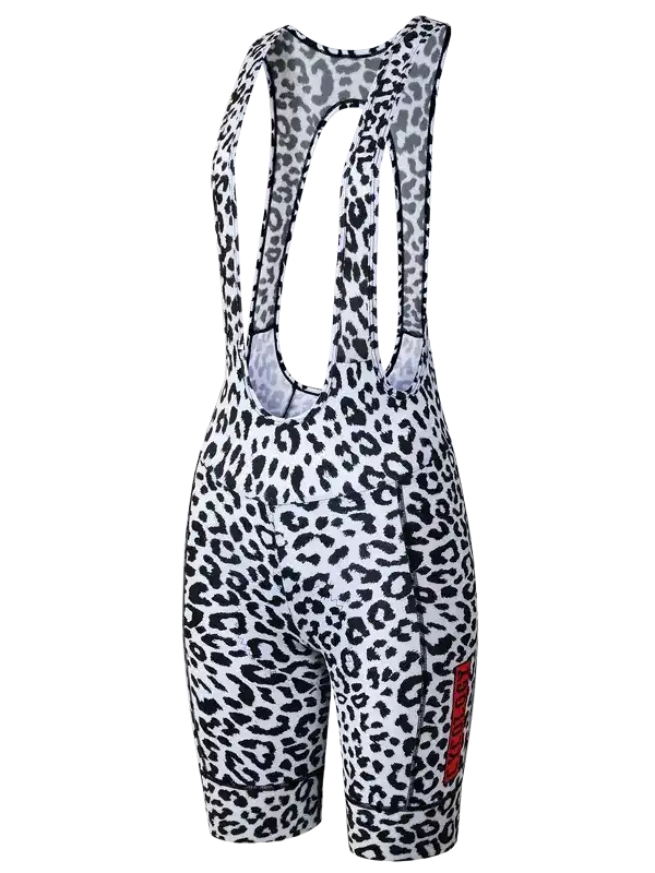 Women's leopard print cycling bib shorts with red logo, high-quality fabric for comfort and performance