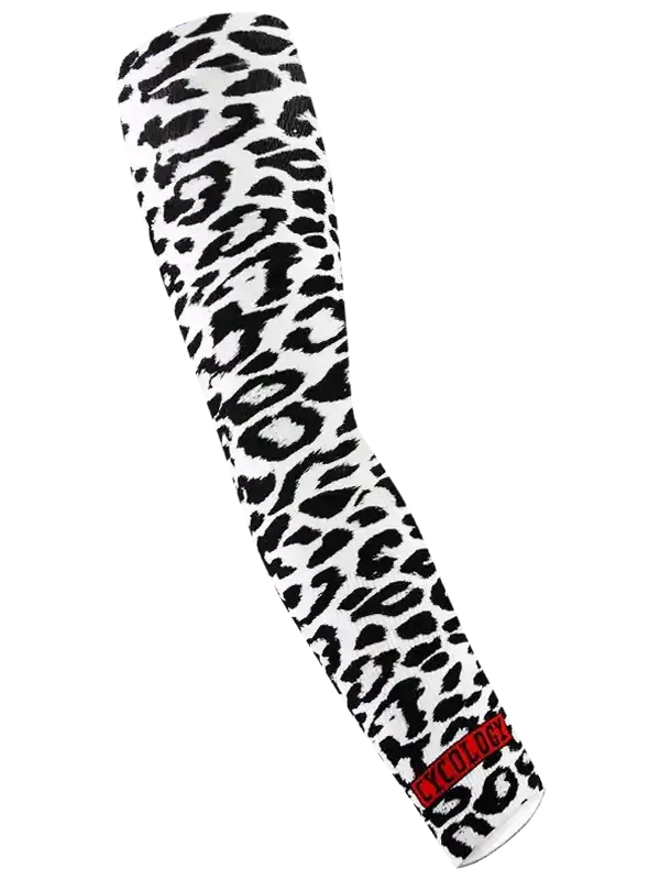 Black and white leopard print cycling arm warmer with red logo
