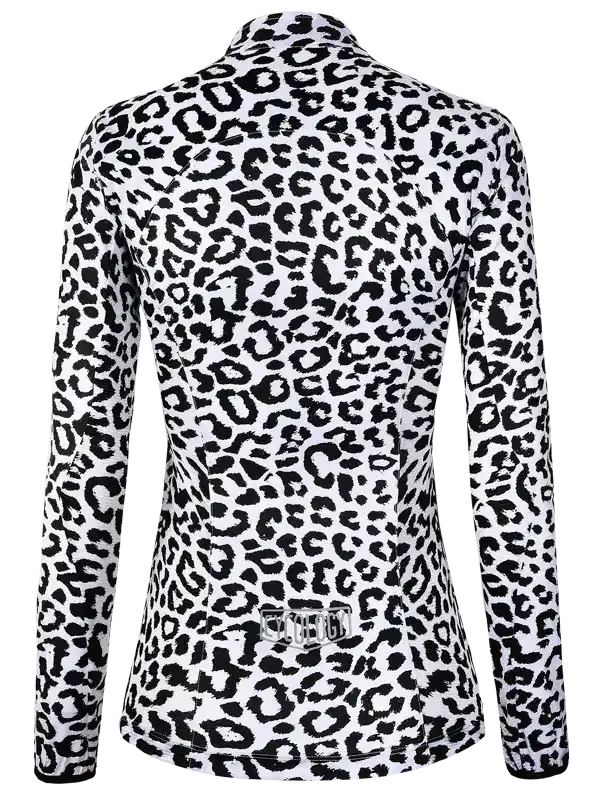 Women's long sleeve cycling jersey with black and white leopard print, back view
