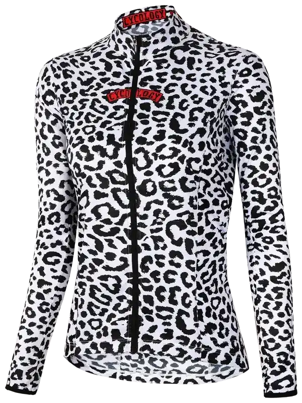 Women's long sleeve cycling jersey with black and white leopard print, full zipper, and red logo