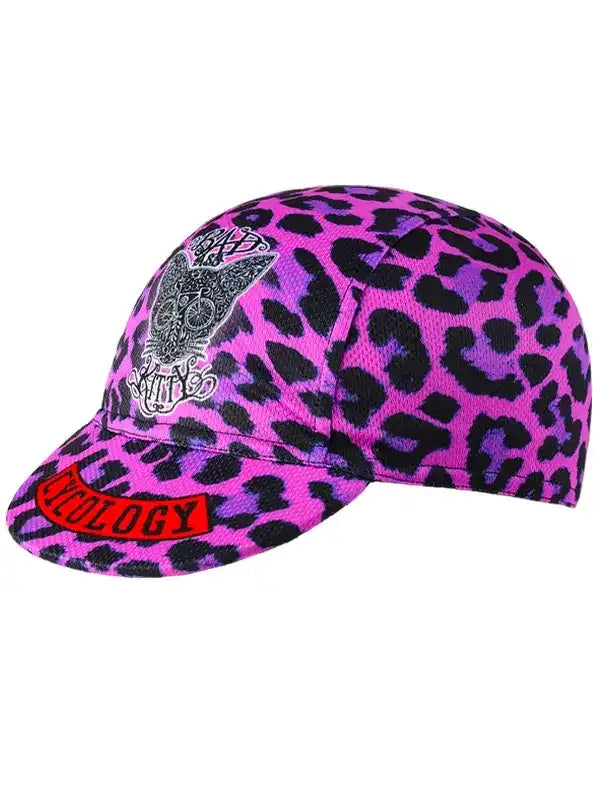 Pink leopard print cycling cap with skull design and red logo patch