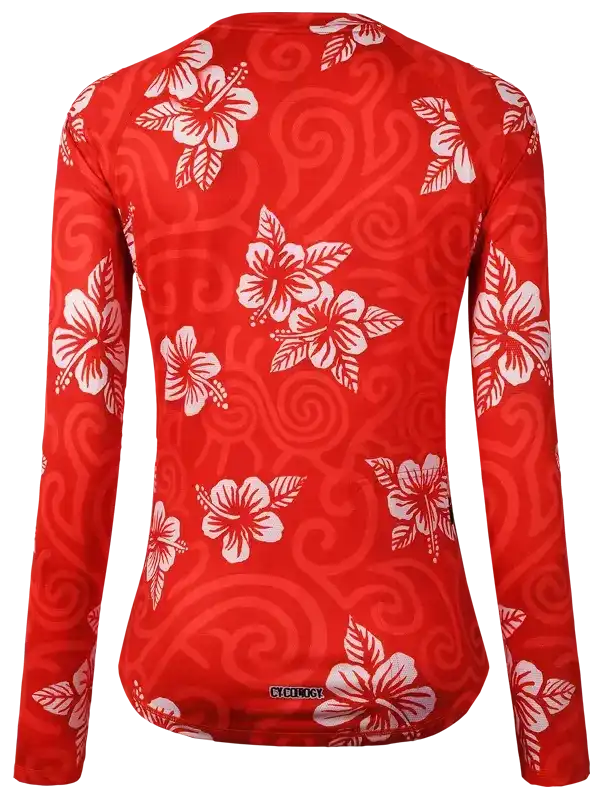 Red long sleeve cycling jersey with white hibiscus floral pattern, ideal for women's bike rides