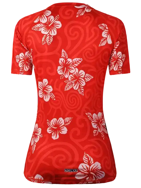 Red women's cycling jersey with white hibiscus floral pattern and swirl design, performance fabric