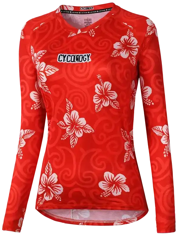 Red women's long sleeve cycling jersey with white hibiscus floral print and swirl pattern, ideal for bike rides.