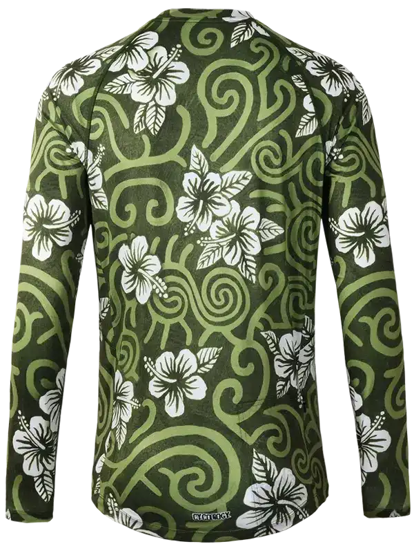 Men's long sleeve cycling jersey with green swirls and white hibiscus floral pattern, ideal for bike rides.