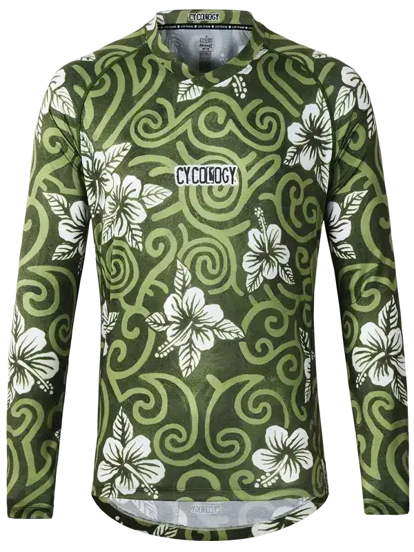 Green long-sleeve cycling jersey with white hibiscus flowers and swirl patterns, ideal for men's and women's bike rides.
