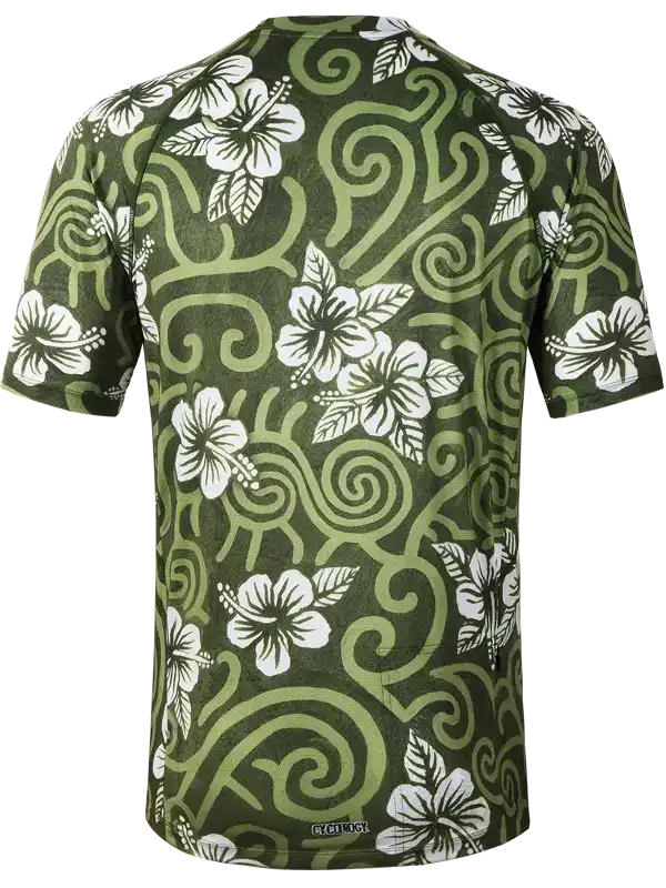 Men's cycling jersey with green hibiscus flower and swirl pattern, breathable fabric for bike rides
