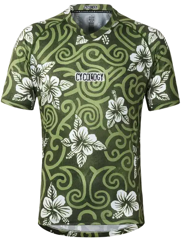 Men's cycling jersey with green swirl and white hibiscus floral pattern, performance fabric
