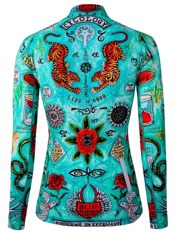 Vibrant turquoise cycling jersey with tiger, floral, and tattoo-style graphics for men and women riders