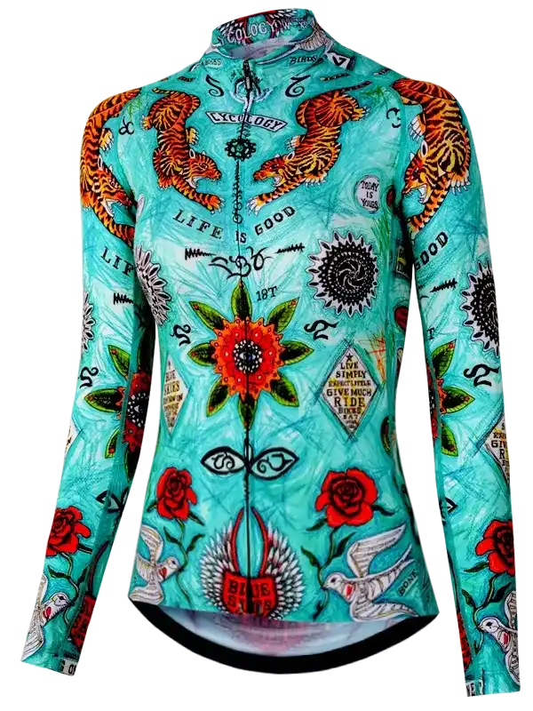 Women's long sleeve cycling jersey with vibrant tiger, rose, and tattoo-style graphics on teal background