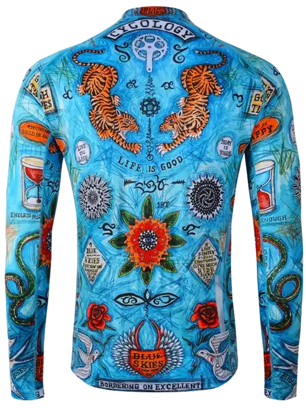 Blue long-sleeve cycling jersey with tiger, floral, and motivational print design for men or women
