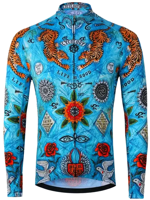 Blue cycling jersey with tiger, rose, and floral print design for men or women