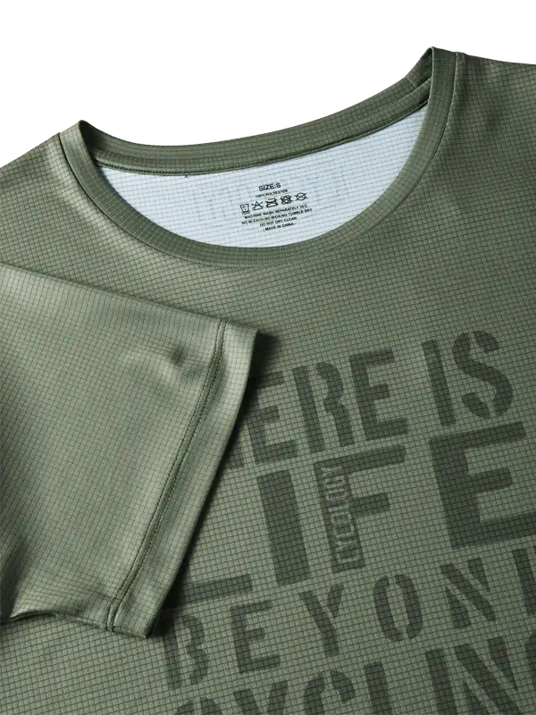 Green t-shirt with text 'There is life beyond cycling and no cyclist ever' 