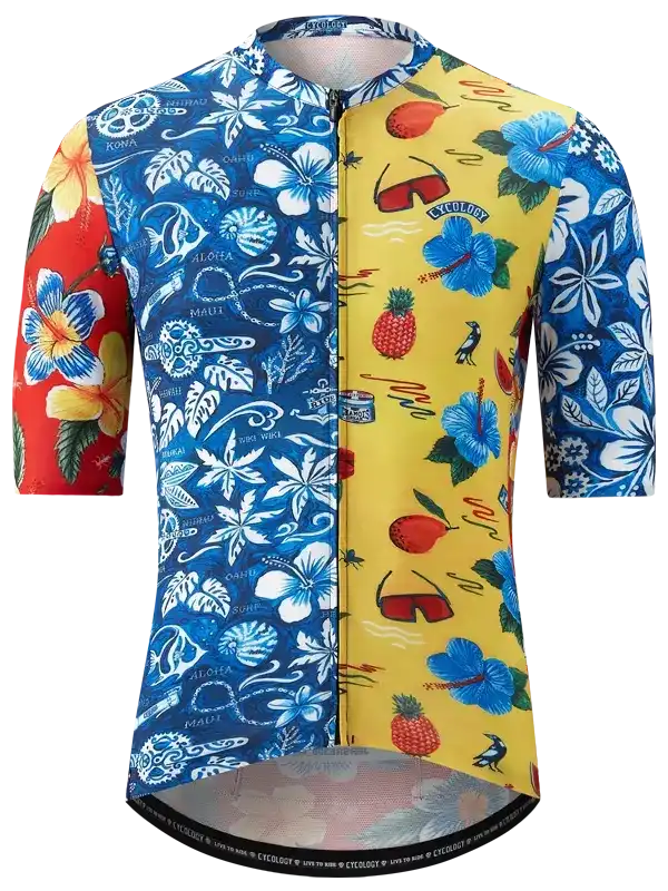 Men's tropical print cycling jersey with hibiscus, pineapple, and surf designs in blue, yellow, red