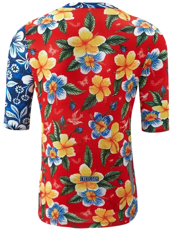 Red and blue floral cycling jersey with hibiscus print, ideal for men's and women's bike rides