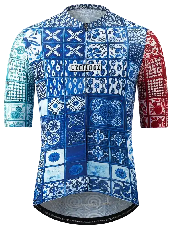 Men's cycling jersey with blue, white, and red tile-pattern design, featuring 'CYCOLOGY' chest logo and breathable fabric.