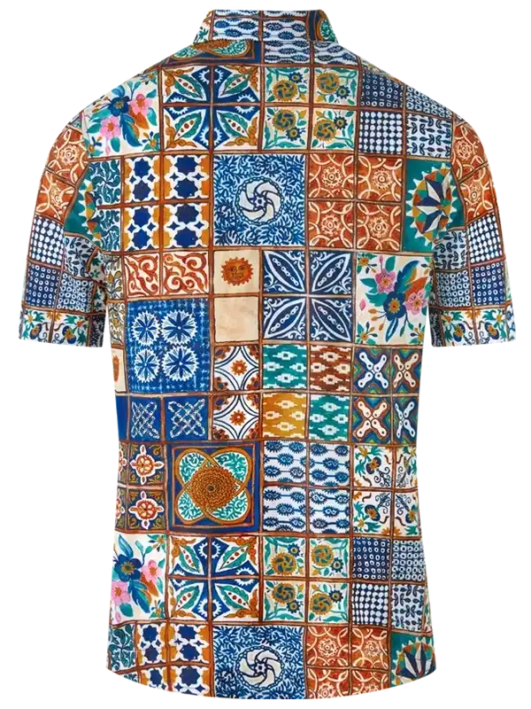 Men's short sleeve cycling jersey with vibrant tile pattern, colorful geometric and floral designs