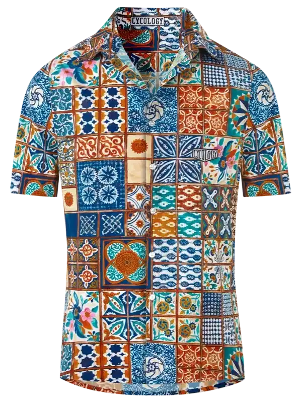 Men's short sleeve cycling shirt with vibrant patchwork tile print, ideal for bike rides and casual wear.