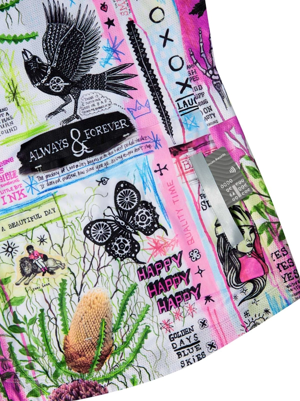 Colorful cycling jersey with nature-themed design and text on a white background