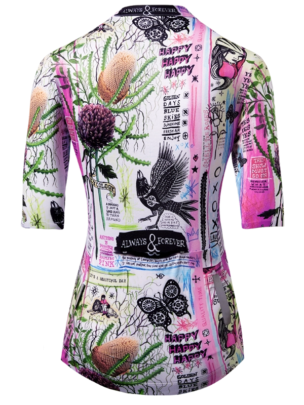 Colorful cycling jersey with nature-themed design and text on a white background