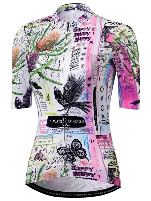 Women's cycling jersey with vibrant floral and graphic designs, featuring bold text and artistic patterns.