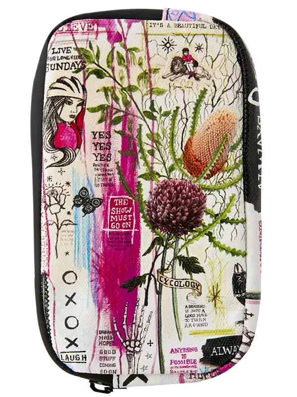 Mieka Cycling Wallet by Cycology Clothing with an eclectic, artistic mixed-media print.