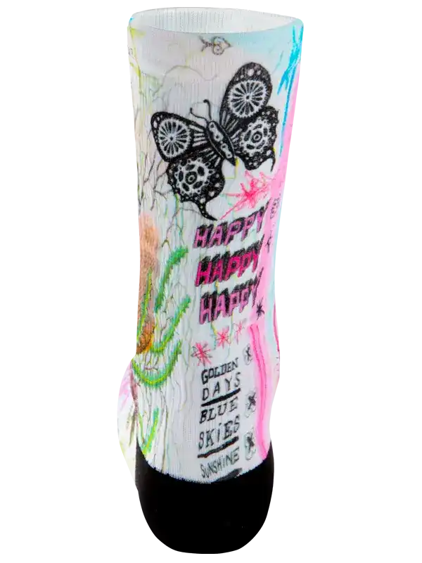 Colorful cycling sock with butterfly design, 'Happy' text, and vibrant patterns for bike rides.