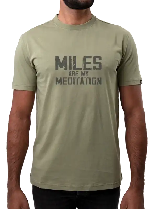 Men's olive cycling t-shirt with 'Miles Are My Meditation' graphic, ideal for bike rides and active wear.