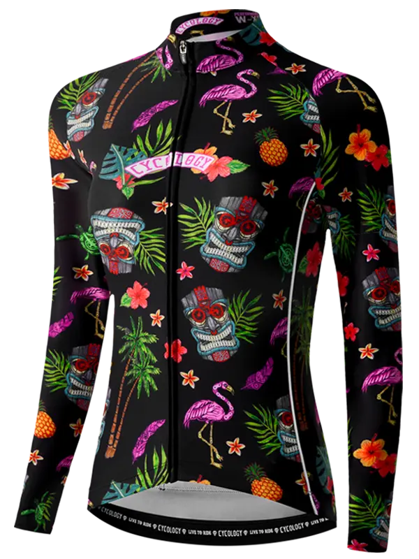 Molokai Black Women's Winter Long Sleeve Cycling Jersey with colorful tropical pattern featuring skulls, flamingos, and flowers.