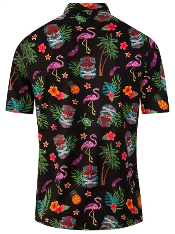 Men's tropical print shirt with flamingos, tiki masks, and palm trees on black background