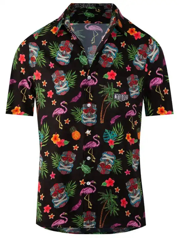 Tropical print men's short sleeve shirt with flamingos, tiki masks, and hibiscus flowers on black background